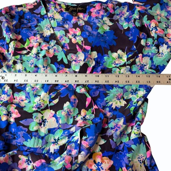 Yumi Kim 100% Silk Wrap Dress Women XS Blue Floral 3/4 Sleeve Cottagecore Garden - Picture 9 of 13
